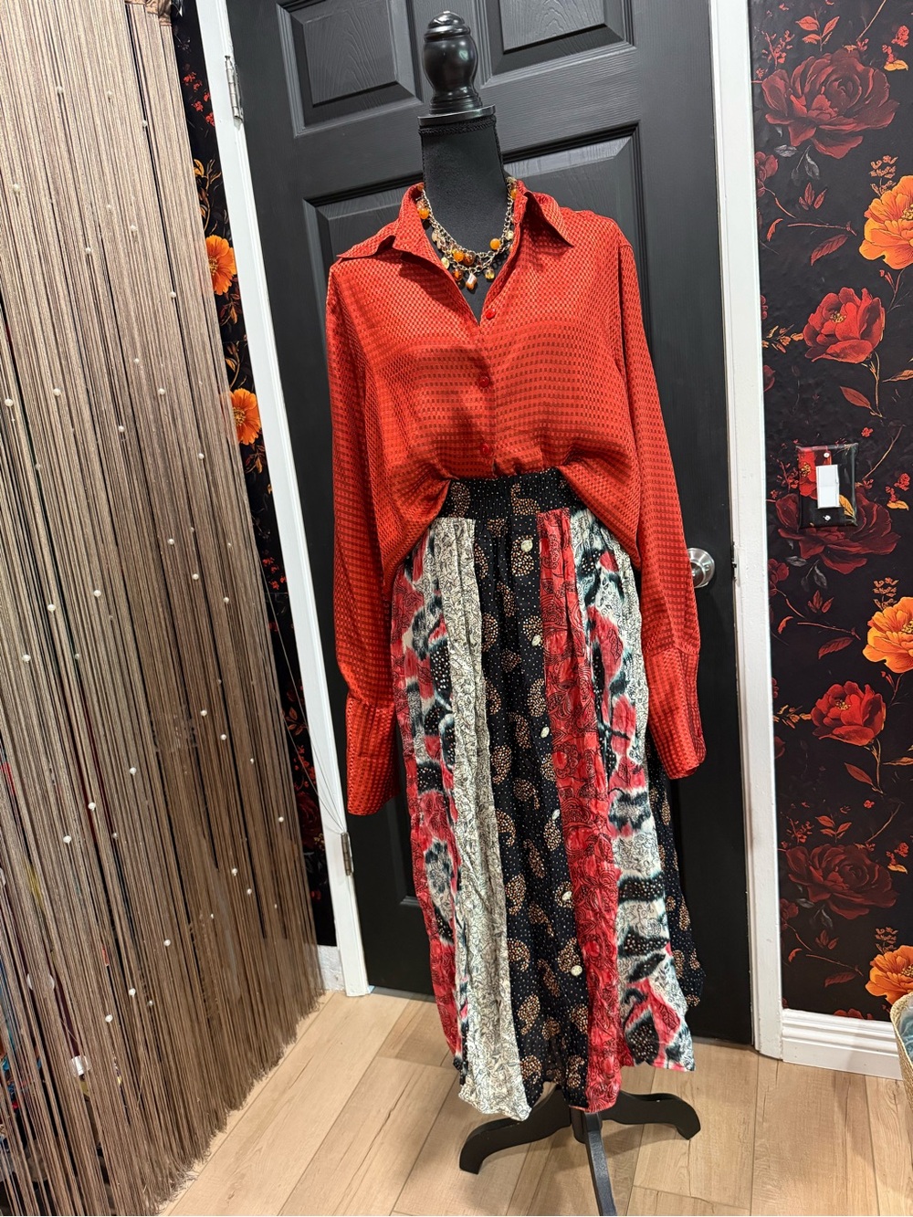 Carole Little Red Mixed-Print Maxi Skirt